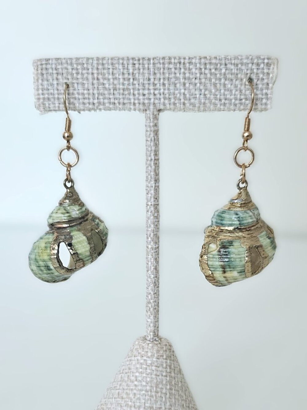 Coastal Seashell Drop Earrings | Green Gold Tone | Beachy